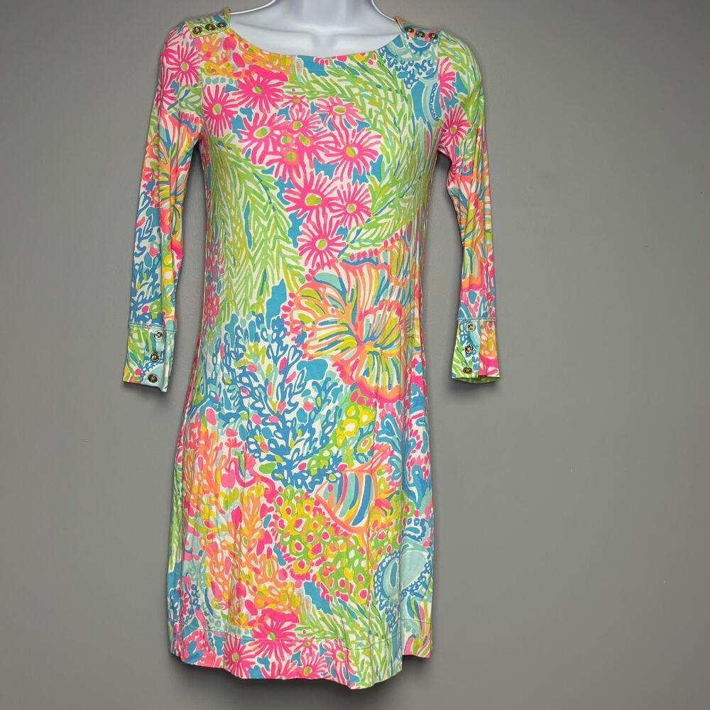 Lilly Pulitzer Sophie Lovers Coral 3/4 Sleeve Tropical Beachy Mini Dress Sz XXS‎